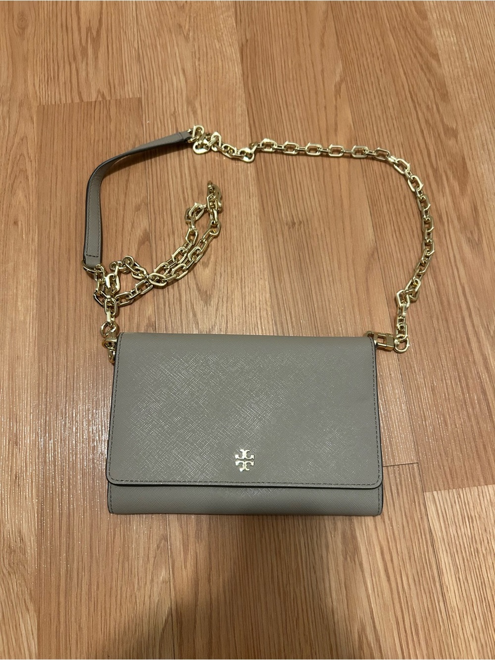 Tory Burch Gray Saffiano Leather Crossbody with Gold Chain